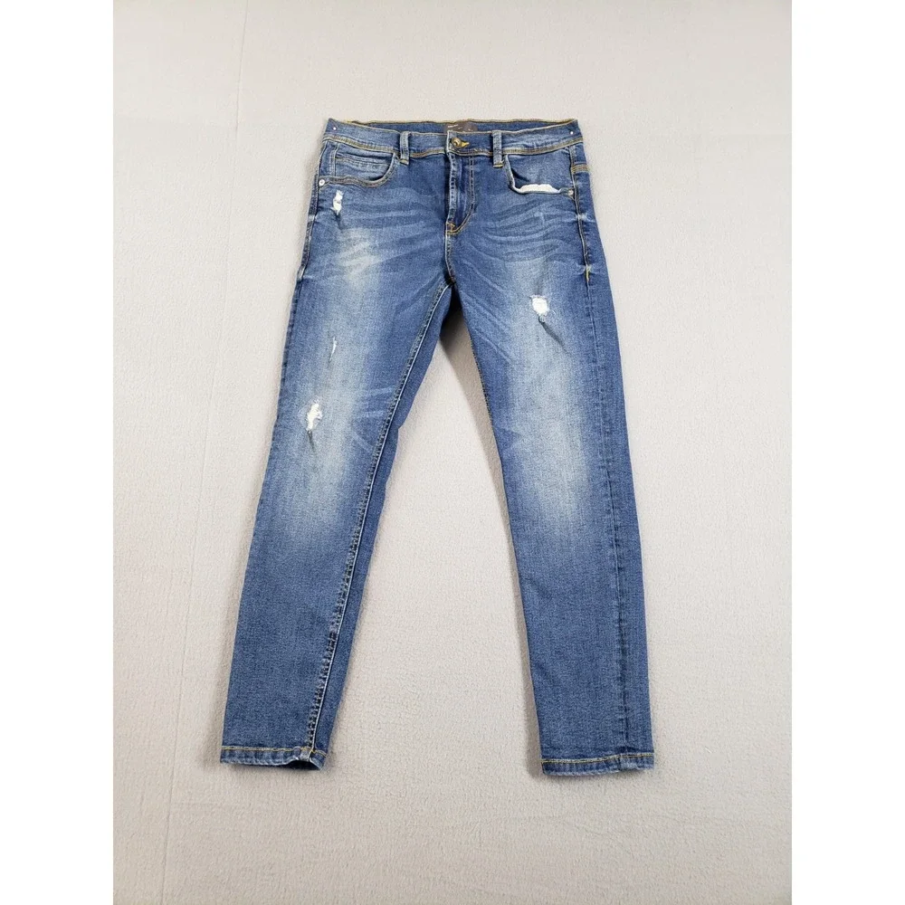ZARA Men Jean 31 Blue Denim Skinny Mid Rise Distressed Medium Wash 5 Pocket